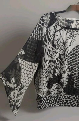 Alfani Women L Black White Floral Print Sheer Flowy Blouse Attached Tank Formal - Image 1 of 4