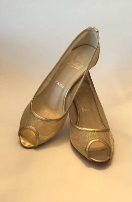 Auth Christian Louboutin Gold Mesh Heels Size 37.5  - Image 1 of 4