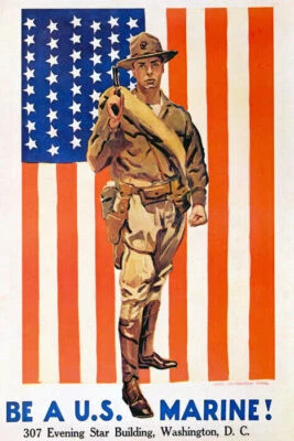 WAR USA ARMY BE A US MARINE AMERICAN FLAG WASHINGTON VINTAGE POSTER REPRO - Image 1 of 3