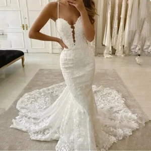 Sexy Mermaid Wedding Dresses Spaghetti Strap Backless Lace Applique Bridal Gowns - Picture 1 of 11