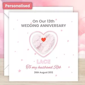 Tarjeta Personalizada 13º Encaje Boda Aniversario Feliz Marido Esposa Pareja Corazón - Imagen 1 de 5