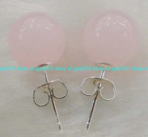 Beautiful 10mm Pink Rose Quartz Round Gemstone Jewelry Silver Stud Earrings - Picture 1 of 12