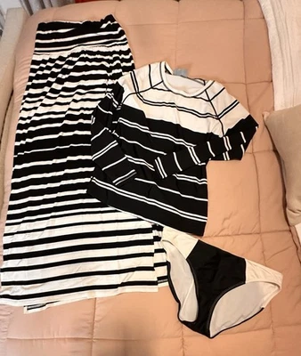 ATHLETA Swim Bottoms Rash Guard Skirt Black White Medium Color Block - Image 1 of 4