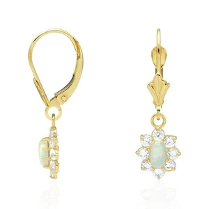 14k Yellow Gold Oval White Fire Opal Created Diamond Leverback Earrings - Picture 1 of 4