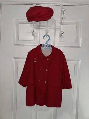 Vintage Girls Red Wool Coat With Matching Hat  Sears Roebuck 24 Months - Image 1 of 4