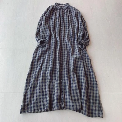 ICHI Antiquites Lino Largo Vestido Camisa Cuello Azul Marino Cuadros Gris... - Imagen 1 de 4