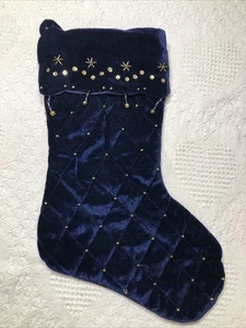 Blauer Samt Weihnachtsstrumpf Gold Pailletten, Perlen und Glocken 17 Zoll - Bild 1 von 11