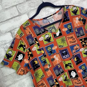 ScrubStar scrub top womens XL Halloween Frankenstein Cats Ghosts Spiders Boo - Picture 1 of 14