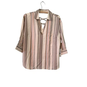 Dex Damen Tunika Shirt groß gestreift rosa orange beige 3/4 Ärmel mit Tasche - Bild 1 von 4