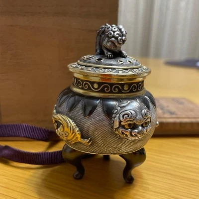 Arte metalúrgico japonés quemador de incienso plata estatua Koro 3,3 pulgadas de alto Foto 1 de 4
