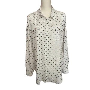 Karl Lagerfeld Bow Print Blouse Womens Large Black White Shirt Academia Roll Tab - Picture 1 of 12