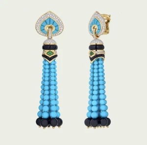 Turquoise Beads Dangle Tassel Earrings Onyx Evening Auction 925 Silver CZ jewel - Picture 1 of 6