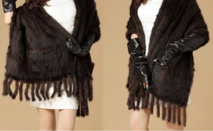 Elegante Sciarpa Scialle da sera in Pelliccia Visone tricot cerimonia NERA BROWN - Foto 1 di 12