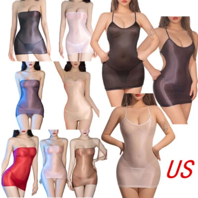 Mujeres Vestido Aceite Brillante Camisón Mini Bodycon Vestidos Transparente Sexy Prendas para dormir Malla Foto 1 de 4