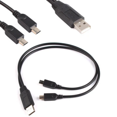 USB 2.0 A Male Plug to Dual 2 Micro Male Splitter Y Data Charge Cable Connector - Image 1 of 3