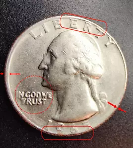 1965 ERROR OFF CENTER Washington Quarter/AU+filed A,clipped edge show copper. - Picture 1 of 5