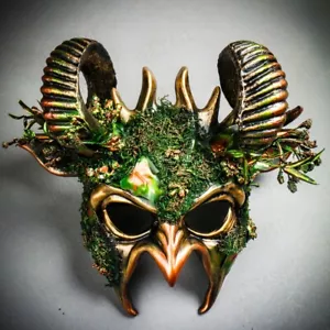 Demon Forest Devil Satan with Horns Masquerade Mask - Black Gold - Picture 1 of 8