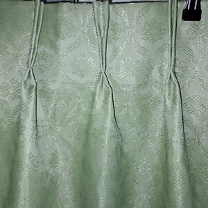 Vintage 2 Panels 27"x84" Brocade Shiny Green Pinch Pleat Drapes Curtains Floral