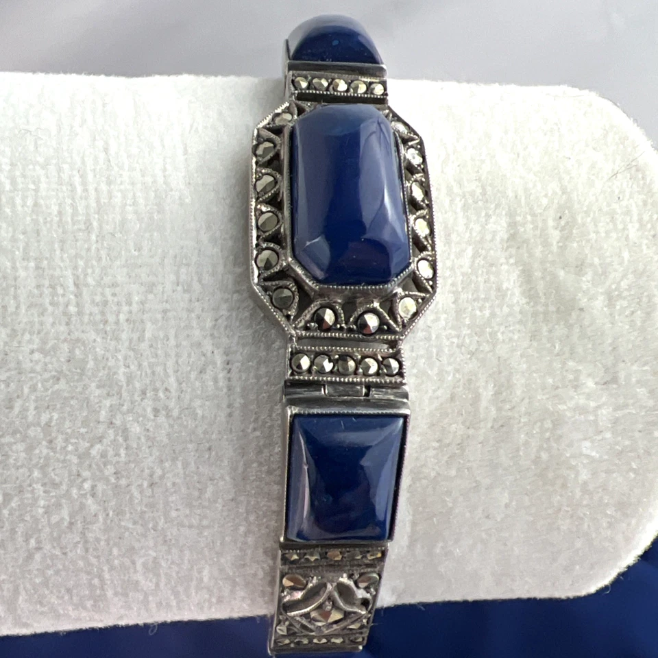 Sterling Silver Lapis Lazuli Bracelet Hinged Marcasite 935 Art Deco 7 " Filigree - Image 1 of 4