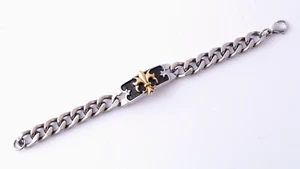 STAINLESS STEEL LARGE CURB LINK GOLD TONE FLUER DE LIS ID BRACELEY, 8.25" - Picture 1 of 2