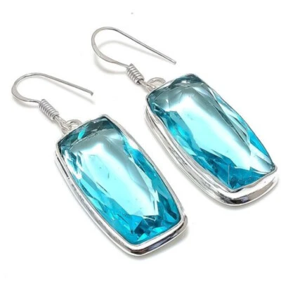 Orecchini Fatti A Mano In Argento Sterling 925 Con Gemma Di Topazio Blu S-42 - Immagine 1 di 4