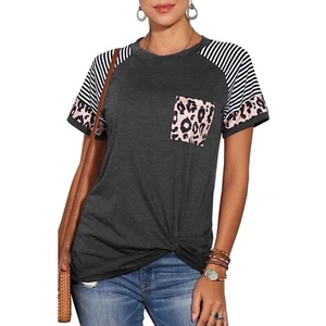 Colorblock Striped Leopard Print Casual Round Neck Shirt Short Sleeve Top Small - Picture 1 of 4