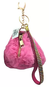 Furry Triangle Zip Coin Purse Keychain With Wrist Strap / Bag Charm - Picture 1 of 8