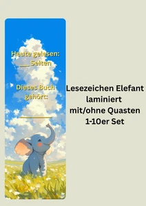 Lesezeichen Elefant laminiert Handmade mit/ohne Quaste – 1-10 Set –Junge/Mädchen - Bild 1 von 2