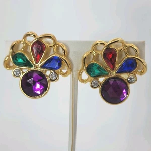 Vintage Rhinestone Earrings Multi Color Blue Red Green Pink Clear Clip On - Picture 1 of 14