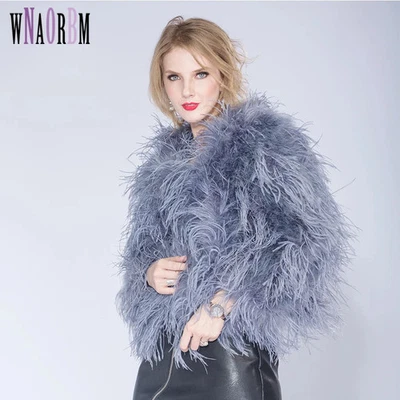 Fluffy Fuzzy Furry Ostrich Fur Coat Nightclub Ostrich Feather Plush Jacket - Image 1 of 4