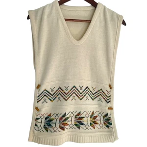Vintage 70er V-Ausschnitt Pullover Weste XS Creme Regenbogen Fair Isle Bohemian - Bild 1 von 3