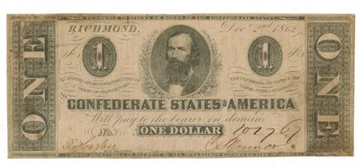 Dec 2, 1862 CONFEDERATE STATES OF AMERICA CSA $1 Currency  T-55 - Image 1 of 2