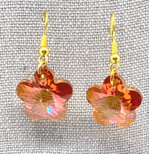 Earrings. Gold Tone Dangle Pinkish Orange Flower Shaped Crystals. 1.5" drop - Picture 1 of 6