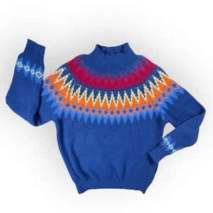 Fair Isle Scandinavian Rainbow Blue Sweater Womens M Mock Neck Twee Diamond - Picture 1 of 9