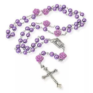 Catholic Purple Pearl Beads Rosary Necklace Rose Lourdes Medal Cross - Picture 1 of 5