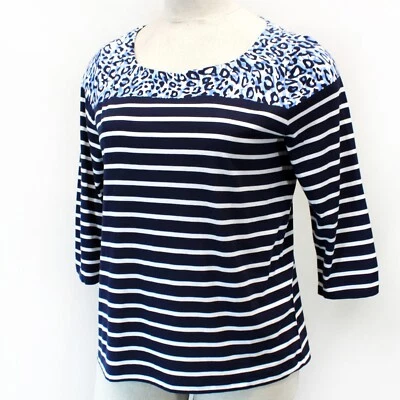 TALBOTS Plus Navy Striped Animal Print Crew Neck Tank Tee Top 1X - Image 1 of 4