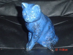Cute Blue And Black Mottled Hand Painted Glazed Sitting Cat - Picture 1 of 4