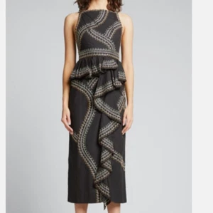 Abito nero Ulla Johnson taglia 6 fatto a mano Sylvan Midi Peplum increspato cotone cascata - Foto 1 di 21