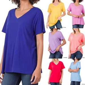Womens Cotton Tunic Top Loose Casual V-Neck Short Sleeve Oversized T-Shirt Long - Picture 1 of 26