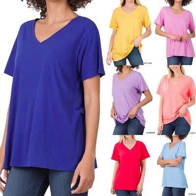 Womens Cotton Tunic Top Loose Casual V-Neck Short Sleeve Oversized T-Shirt Long - Image 1 of 4