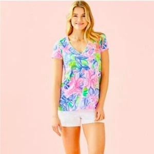 Camiseta de cóctel Lilly Pulitzer para mujer azul y rosa Etta cuello en V Habana talla XS - Imagen 1 de 6