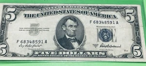 1953 5 dollar bill blue seal - Picture 1 of 2