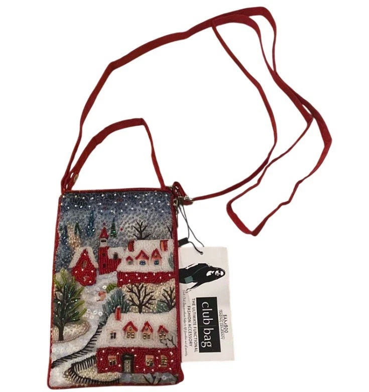 Bamboo Trading Co. White Christmas Village Crossbody Purse Multicolor Red