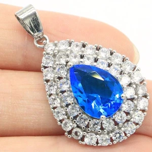 Stunning Water Drop Swiss Blue Topaz CZ Women Dating Silver Pendant - Bild 1 von 2