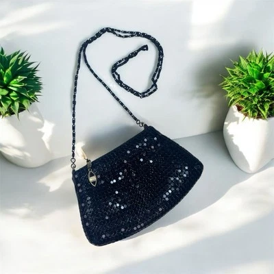 Bolso de Noche Bandolera Vintage Años 80 Negro Lentejuelas Malla Metal Noche Foto 1 de 4