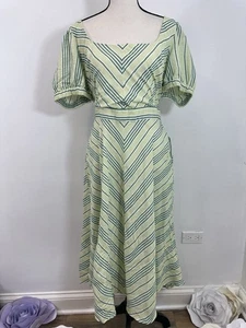 Abito donna New York & Company verde righe lino cravatta vita taglia L nuovo - Foto 1 di 7
