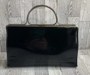 Vintage Patent Leather Purse Black 50s Or 60s Metal Handle Push Clasp - Picture 1 of 23