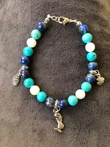 Natural stone lapis lazuli , blue howlite & moon stone beaded charm bracelet - Picture 1 of 4