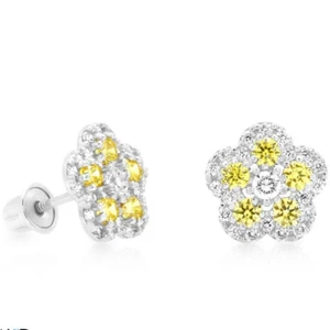CZ & Citrine Flower Cluster Stud Earrings 14k White Gold 8mm - Picture 1 of 4