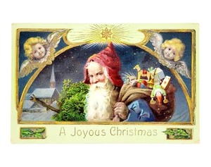 Antiguo Mundo Papá Noel con Regalos Árbol Estrella Nevada Iglesia Ángeles Años 1910 Brillante Postal Usada - Imagen 1 de 3